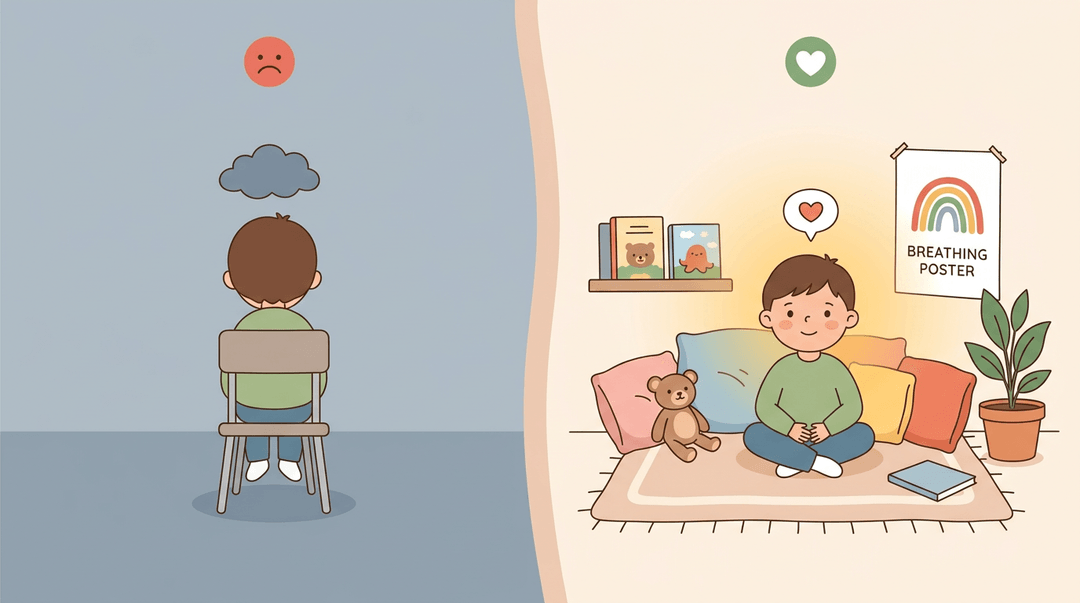 Split panel comparing isolation with shame on the left to a warm, supported calm space on the right.