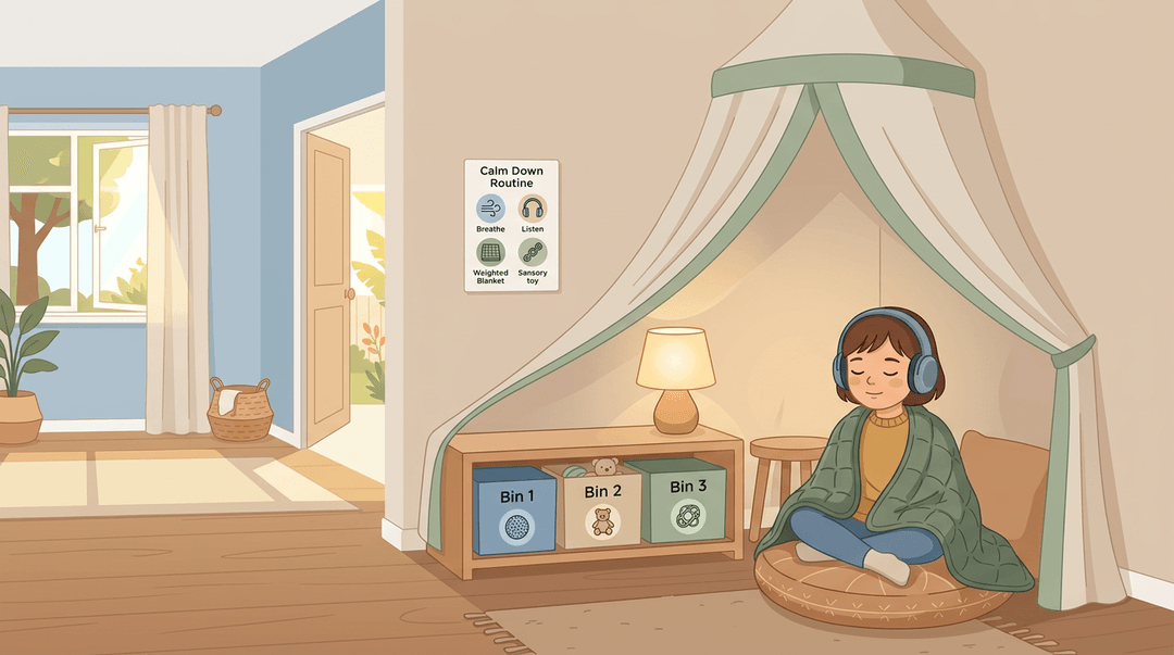 A child sits peacefully in a sensory nook with headphones and weighted blanket, surrounded by accessible calming tools.