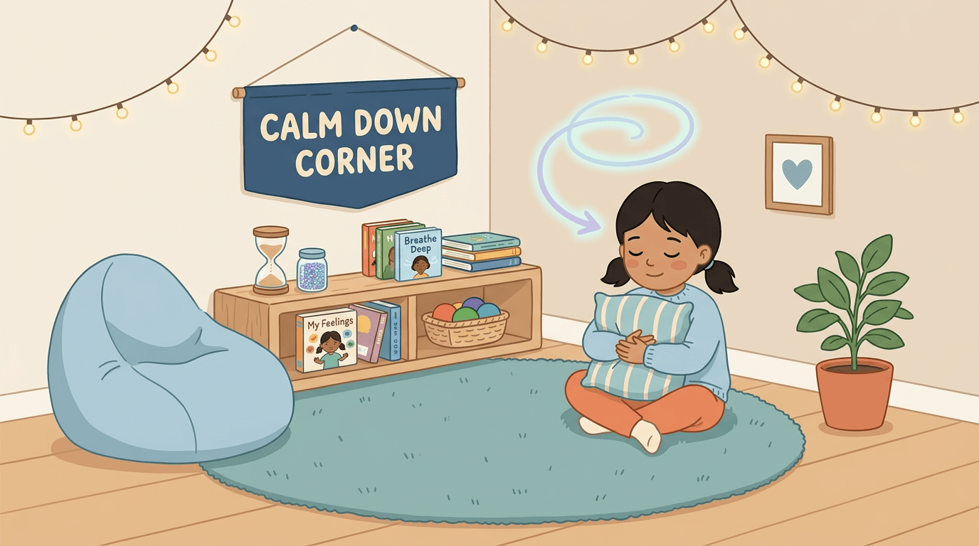 Cozy classroom calm corner with a child breathing deeply on a teal rug, surrounded by books and soft lighting.