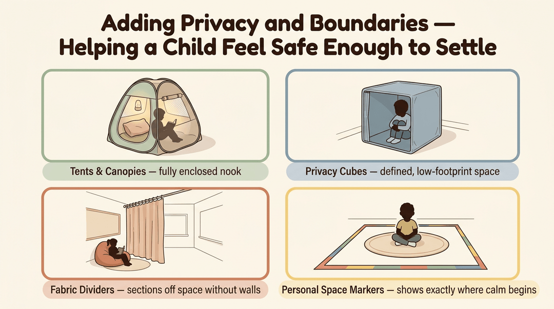 Four panels show calming boundaries: enclosed tents, privacy cubes, fabric dividers, and floor markers to help children feel safe.