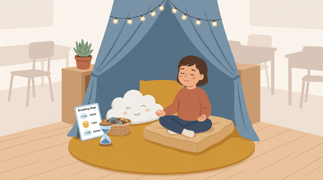 A child sits calmly in a cozy classroom nook with calming tools and soft lighting.