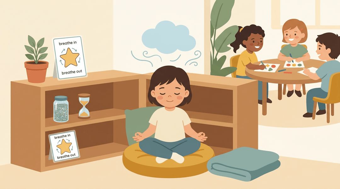A child sits calmly in a classroom corner with sensory tools, while others learn nearby.