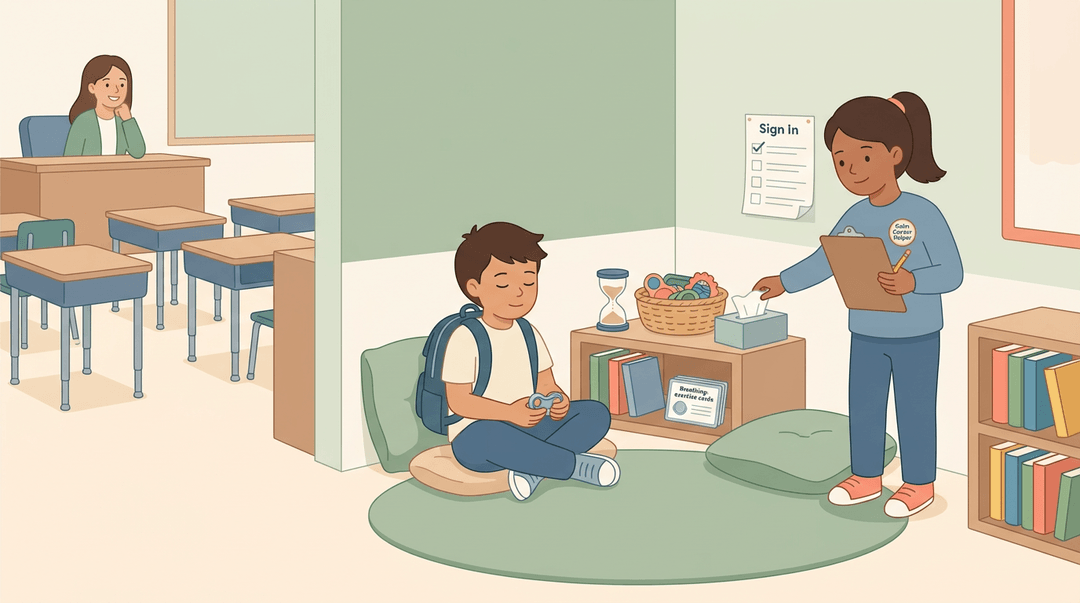 A 5th grader rests in a calming classroom corner while a peer helper monitors the space.