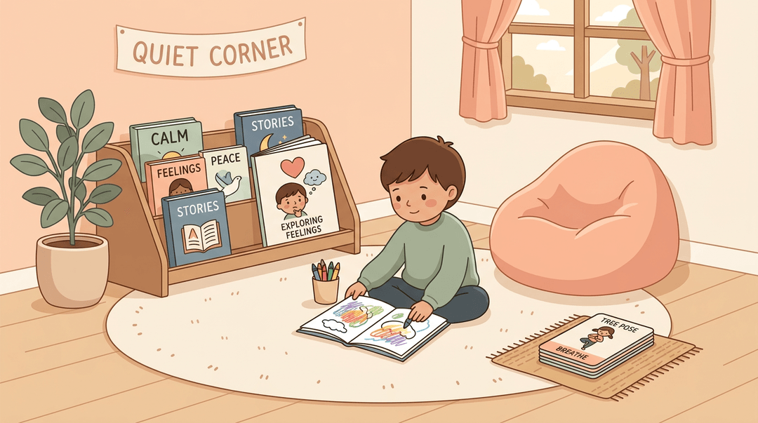A child sits on a rug in a calm-down corner with books, crayons, and yoga cards nearby.