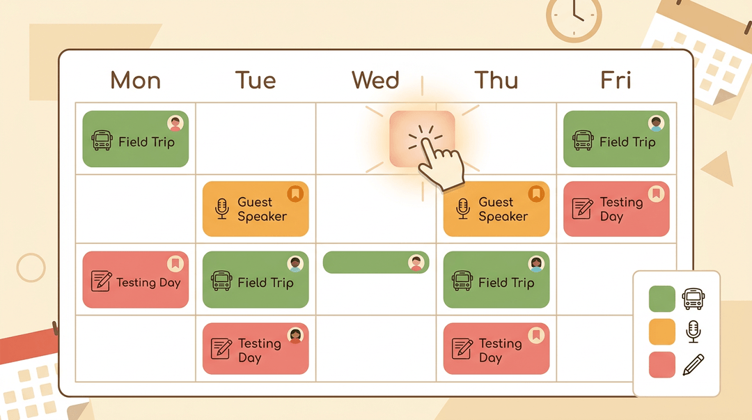 A weekly calendar shows color-coded events like field trips and testing, with a finger tapping a highlighted block.