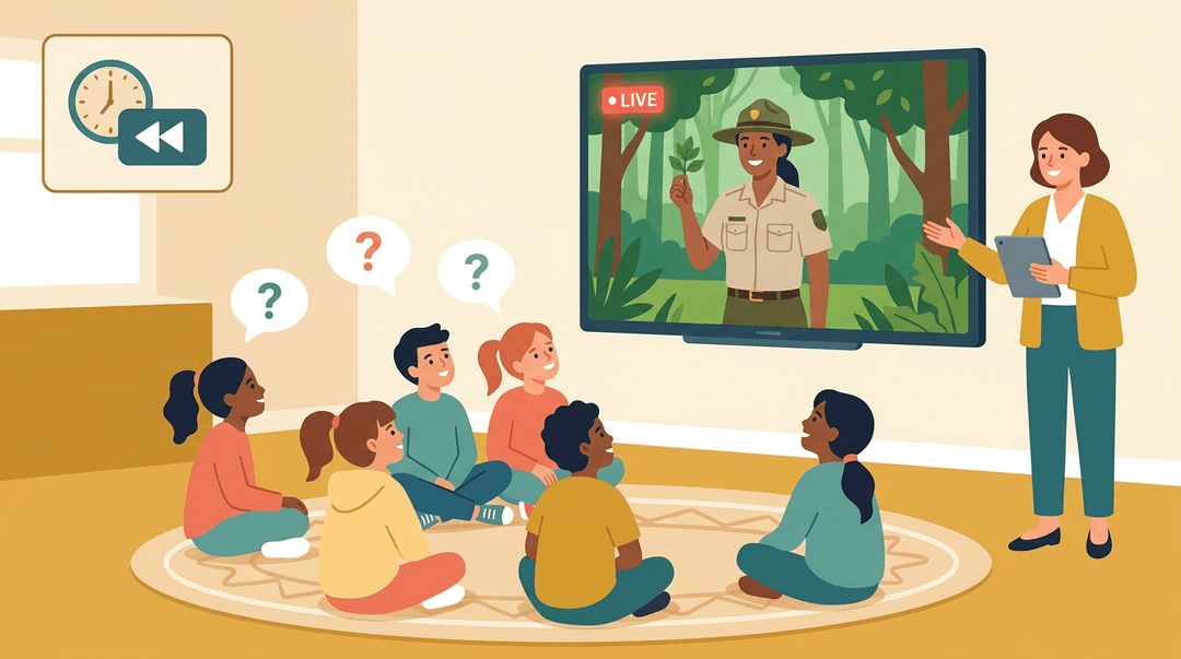 Diverse students watch a live park ranger on screen while a teacher guides the lesson in a cozy classroom.