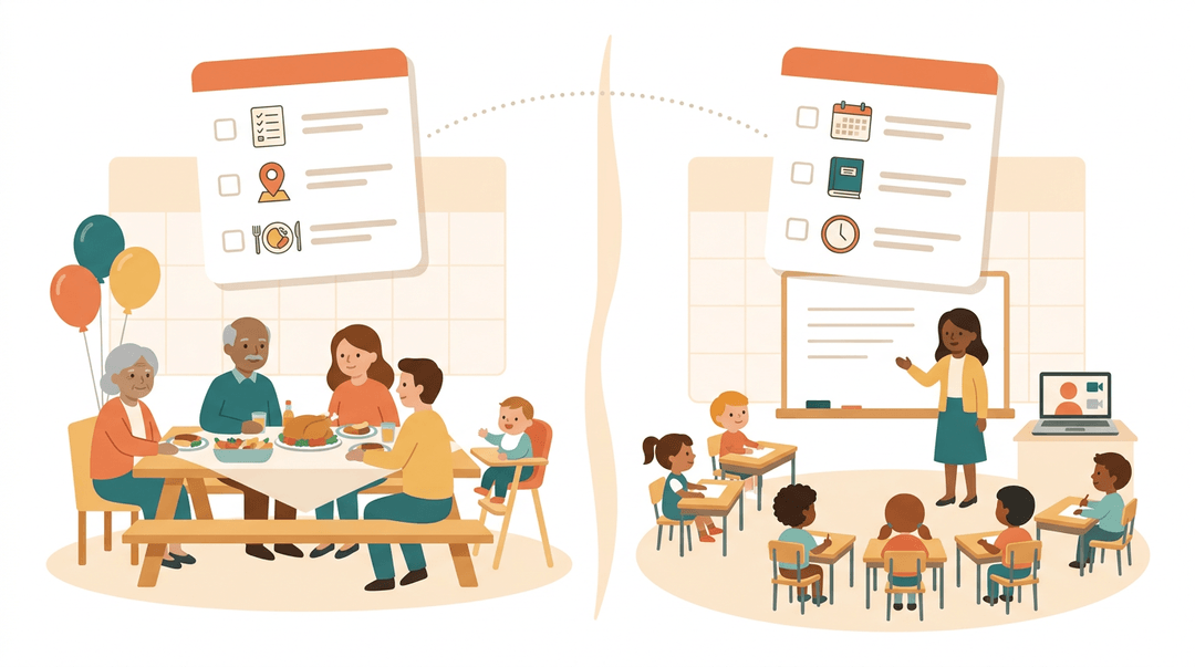 A split illustration compares planning a family reunion with organizing a classroom, linked by matching checklist icons.