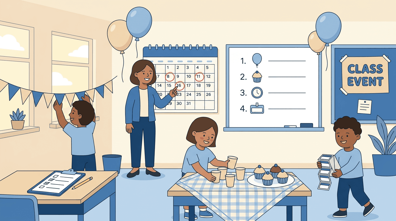 Teacher and students decorate a classroom for an event with bunting, cupcakes, and name tags.