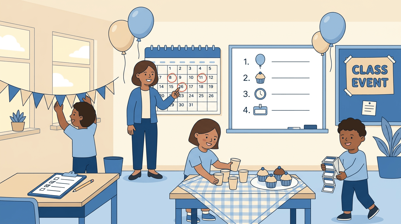 Teacher and students decorate a classroom for an event with bunting, cupcakes, and name tags.