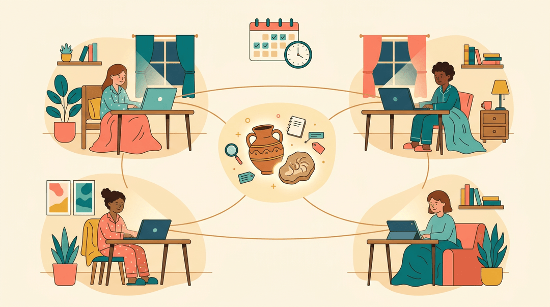 Students in cozy home nooks connect via screens to a central digital artifact, symbolizing collaborative learning.