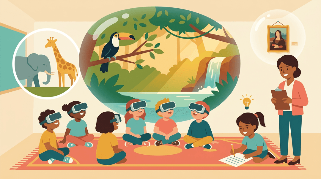 Diverse students explore rainforests and museums via VR while one reflects on a worksheet in a cozy classroom.