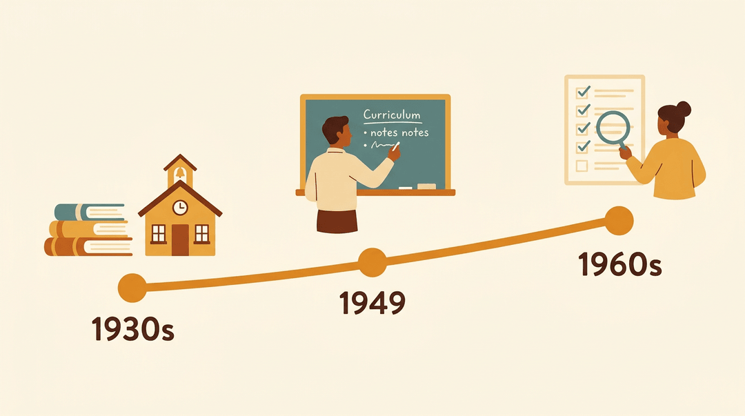 A timeline with three stops: stacked books and a schoolhouse, a man at a chalkboard, and a person with a checklist.