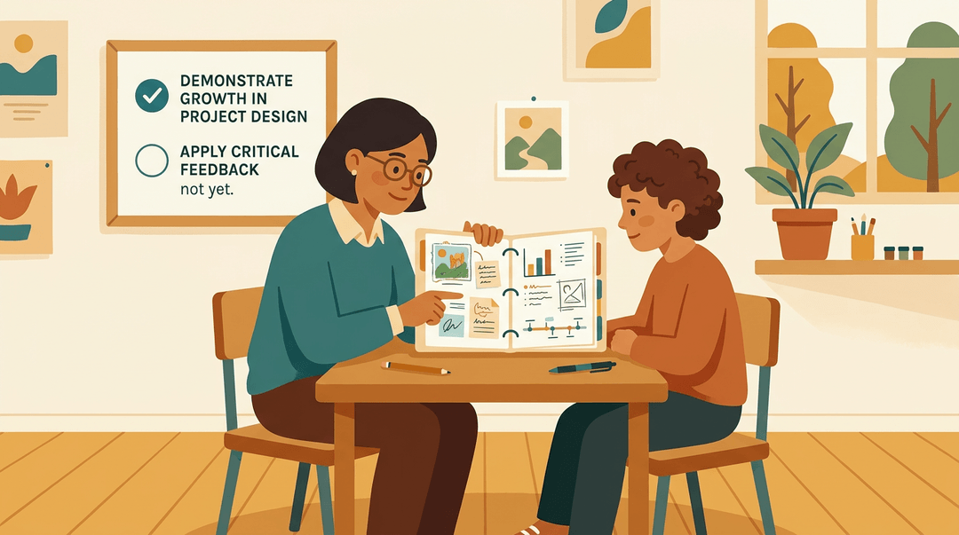 A student and teacher review a portfolio at a table, with a checklist on the wall showing one completed item.