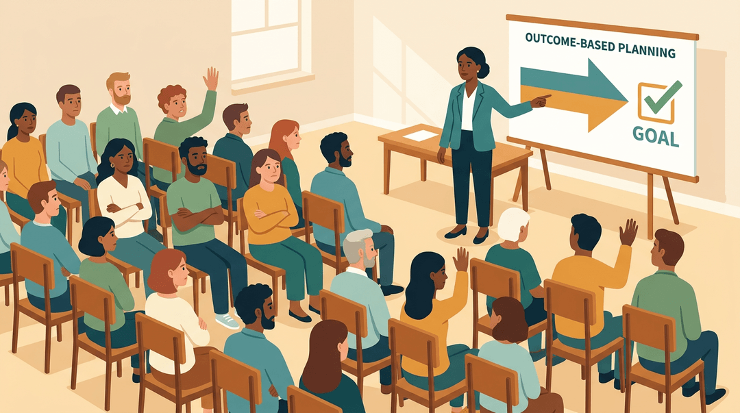 A diverse community group, some skeptical, faces a calm teacher pointing to a