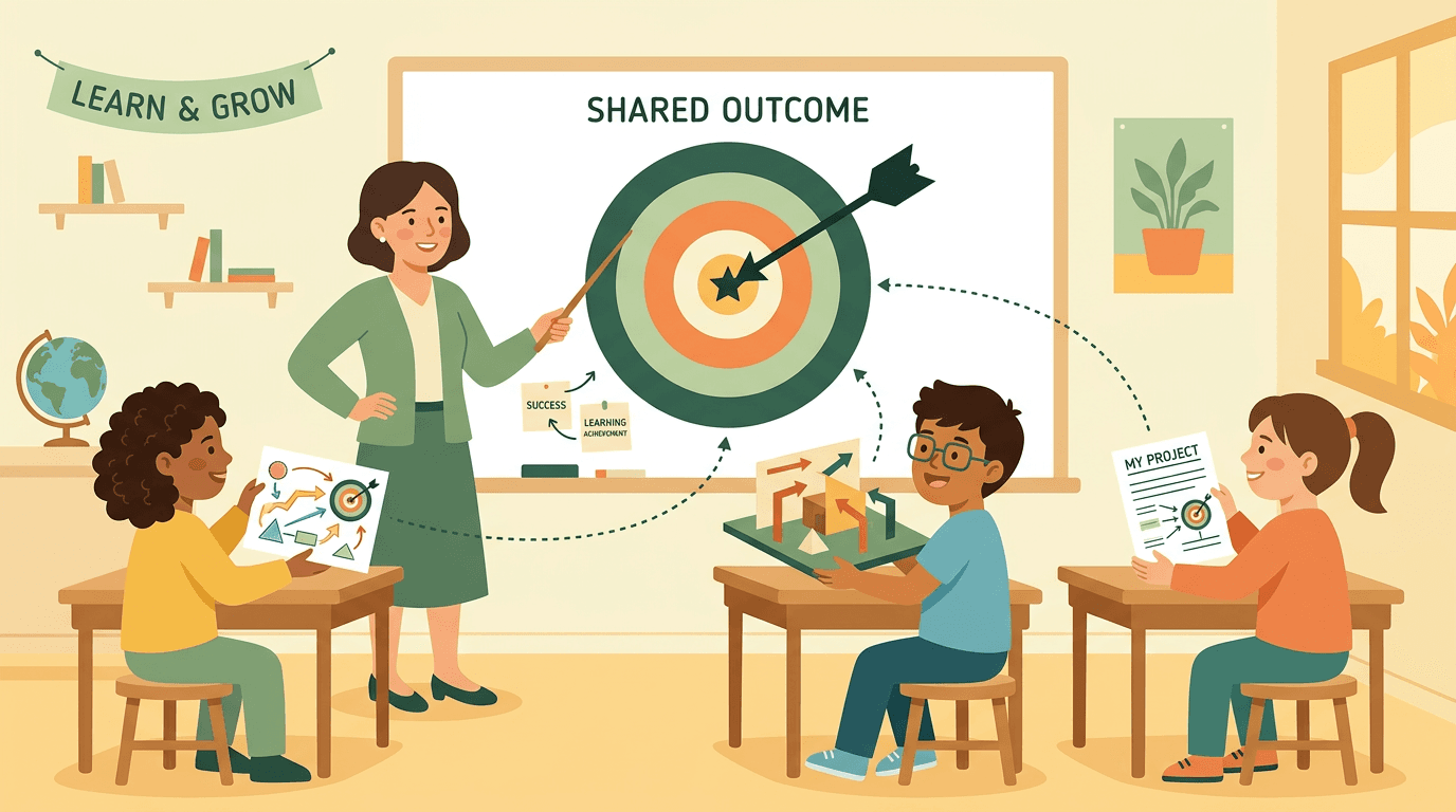 Teacher and students in a warm-toned classroom, illustrating diverse learning paths to a shared goal.