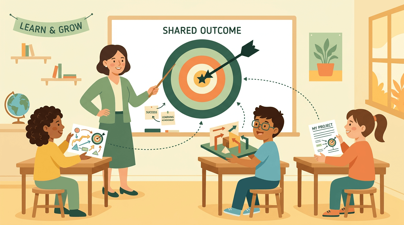 Teacher and students in a warm-toned classroom, illustrating diverse learning paths to a shared goal.