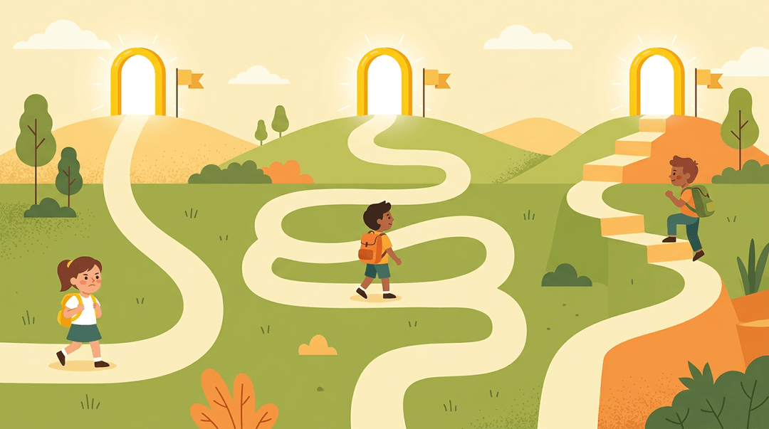Three students on diverse paths, short, long, and steep, all leading to the same glowing golden arch on a hilltop.