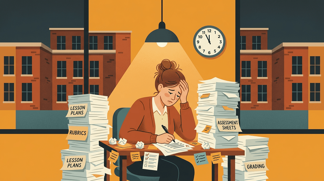 An exhausted teacher sits at a small desk late at night, surrounded by towering stacks of papers, with a looming, dark school building in the background.