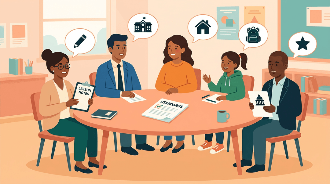 Five diverse figures—a teacher, an administrator, a parent, a student, and a government official—sit at a table discussing 'Standards'.