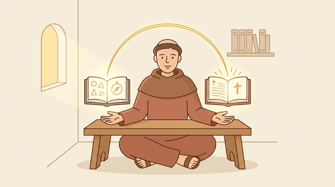 A monk sits between two glowing books representing reason and faith, linked by a golden arc above.
