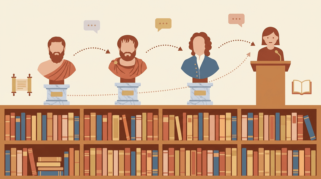 A timeline of classical thinkers and a modern speaker connected by dotted lines above a bookshelf, symbolizing an ongoing dialogue.