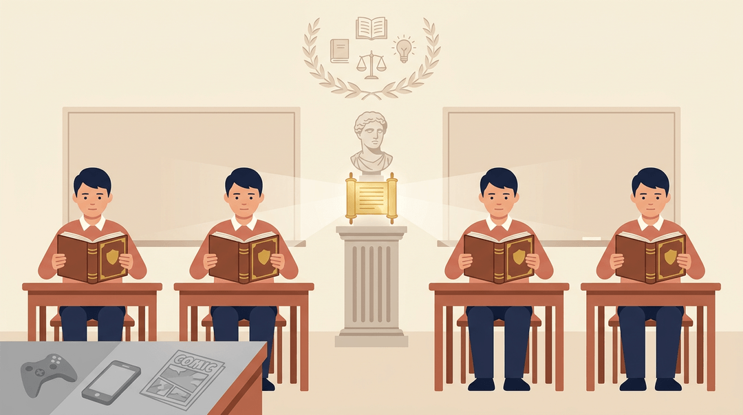Five identical students sit in a symmetrical classroom, receiving uniform knowledge from a glowing scroll while modern distractions lie discarded.