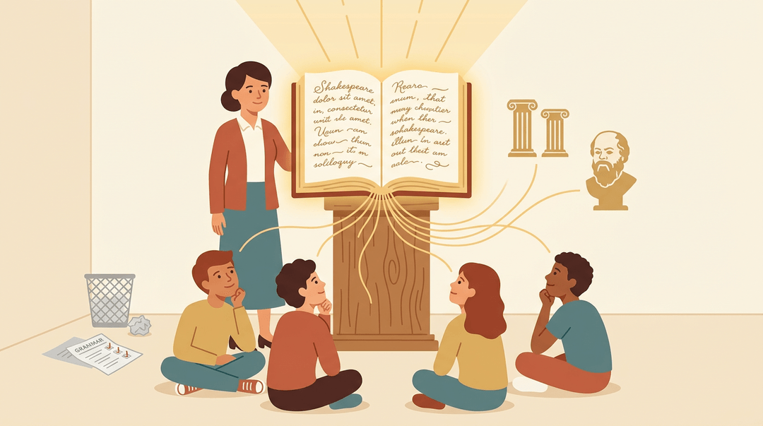 Students gaze at a glowing book symbolizing timeless wisdom, while a discarded worksheet fades in the corner.