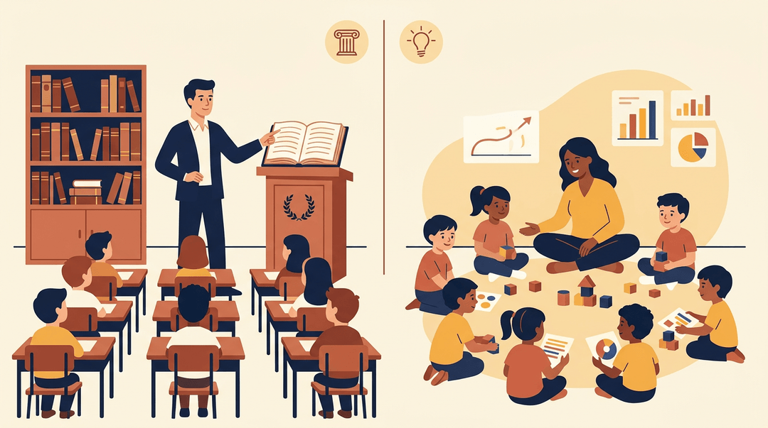 Split scene contrasting a traditional teacher-led classroom with structured books on the left and a student-led, exploratory circle learning on the right.