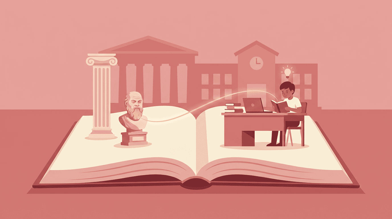 An open book connects a Greek bust to a modern student, symbolizing the timeless transmission of wisdom through generations.