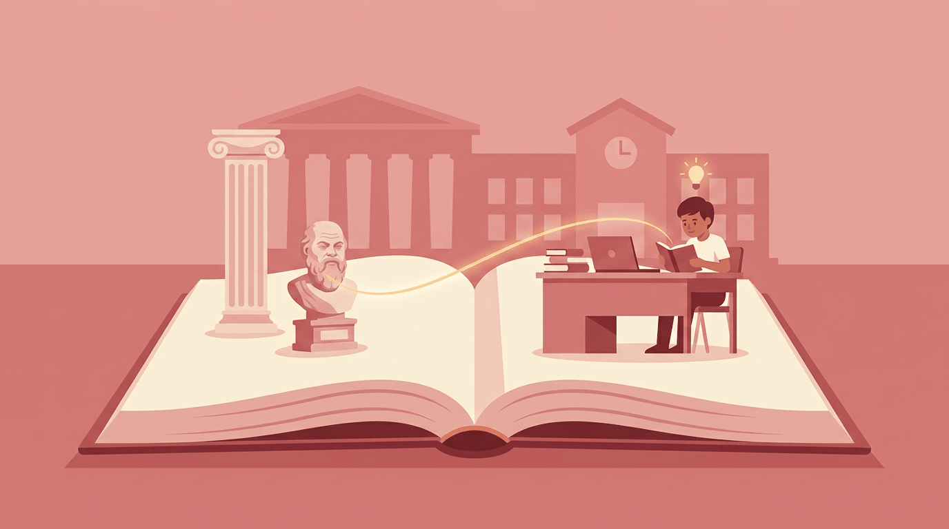 An open book connects a Greek bust to a modern student, symbolizing the timeless transmission of wisdom through generations.