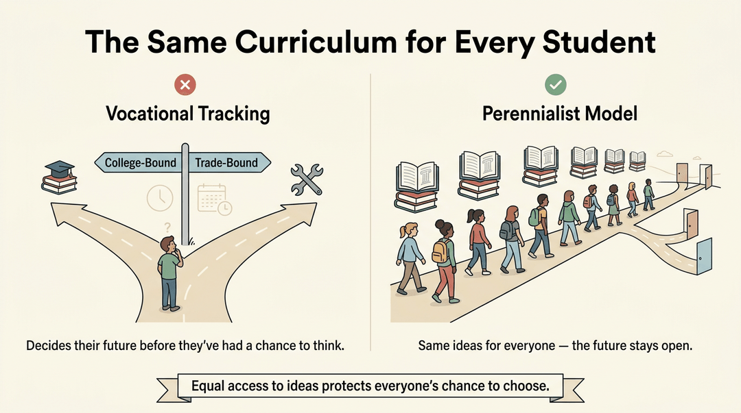 Illustration contrasting early vocational tracking with a shared curriculum that keeps future options open for all students.
