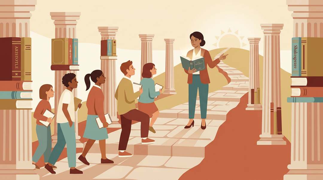 Teacher leads students up a path of stacked books toward the sun, holding a glowing book.