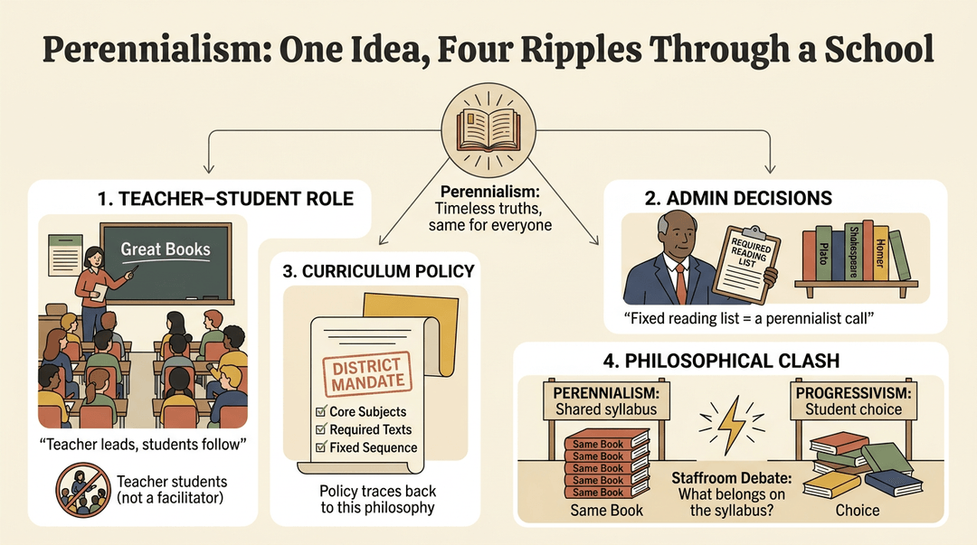 Infographic showing how perennialism shapes teacher roles, admin decisions, curriculum policy, and philosophical clashes in schools.