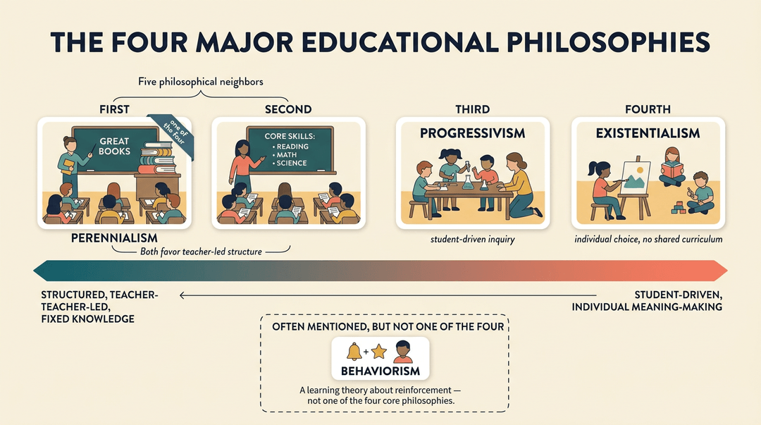 Infographic showing a spectrum of four educational philosophies from Perennialism to Existentialism, with Behaviorism noted separately.