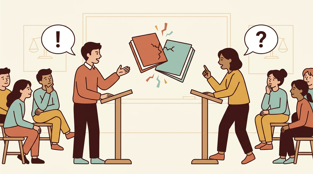Two students debate at podiums with a speech bubble exclamation and question mark, while classmates watch attentively.