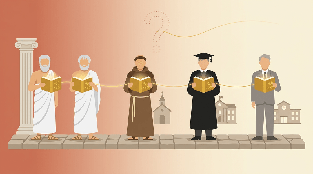 Timeline showing Greek, medieval, Victorian, and modern scholars passing a glowing book along a stone path, symbolizing shared educational lineage.