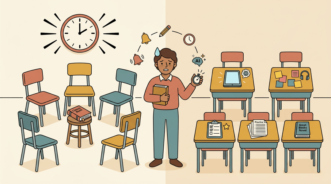 A teacher stands between a Socratic seminar and tech-driven desks, overwhelmed by competing educational demands.