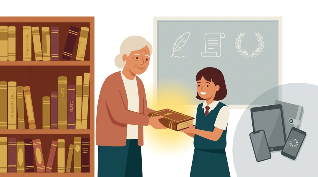 An elder hands a classic book to a student, leaving modern gadgets in the background.