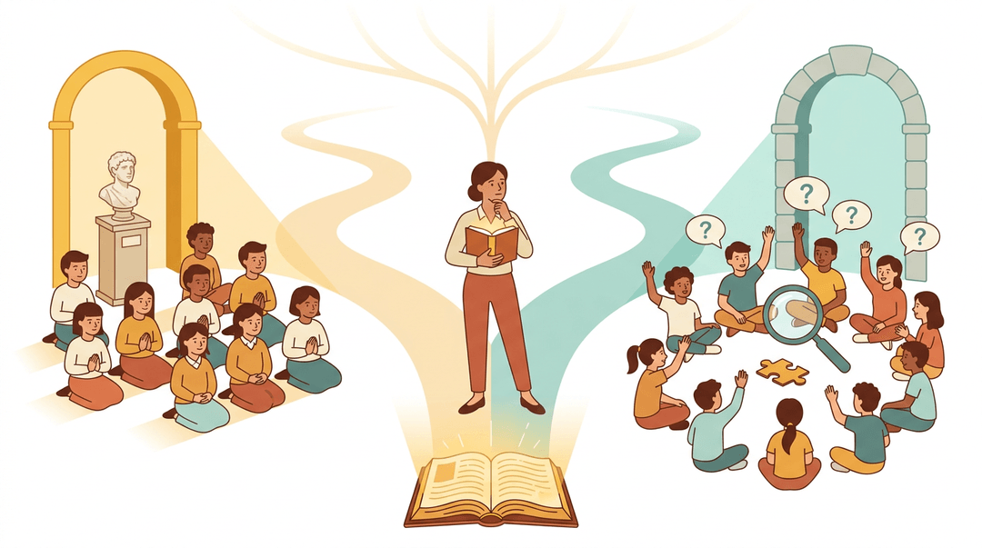 A teacher stands at a forked path from a glowing book, choosing between traditional order and inquiry-based learning.