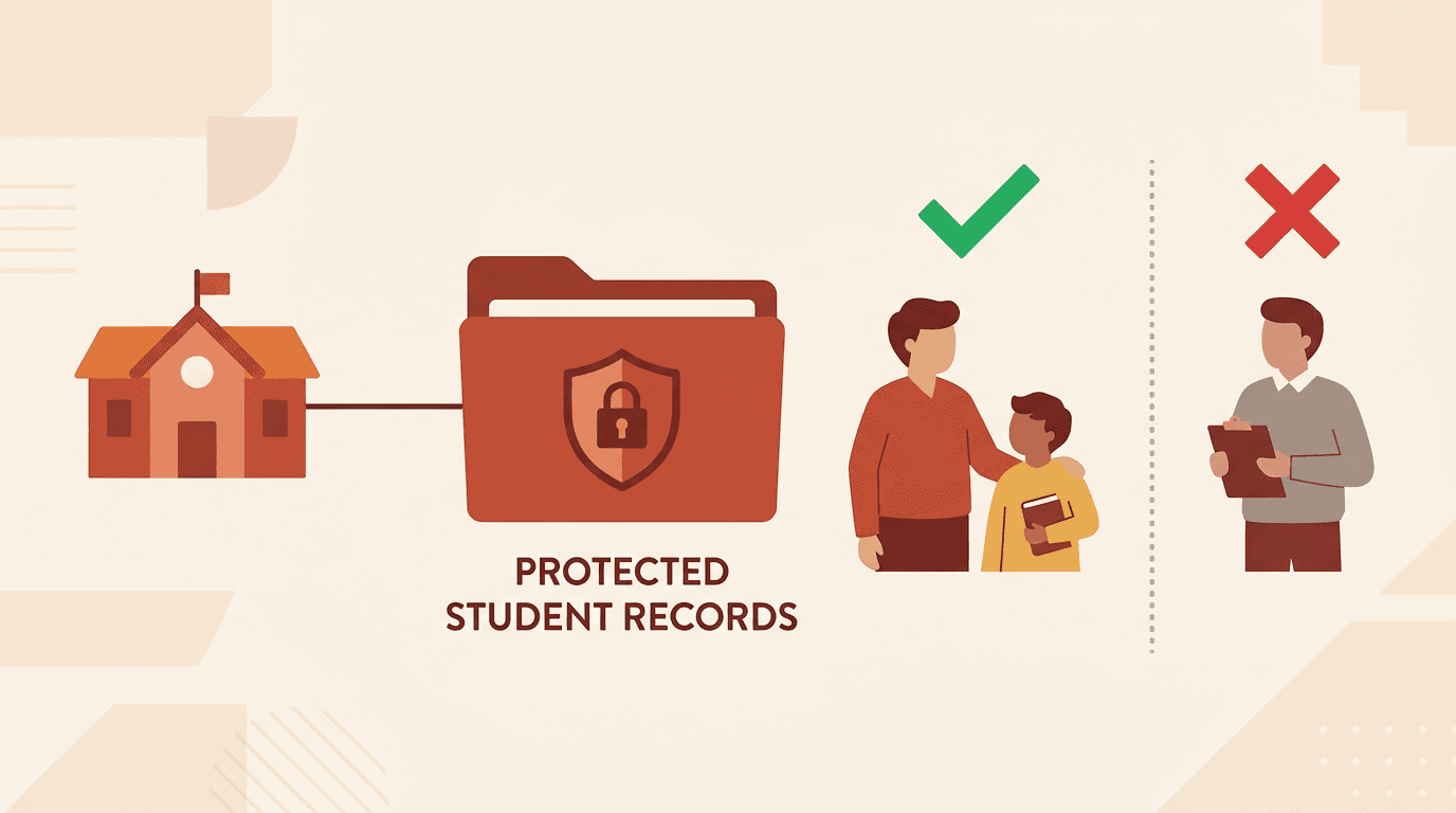 A school building connected by a line to a secure folder labeled as student records, with a parent and student shown with a checkmark, and a third party blocked.
