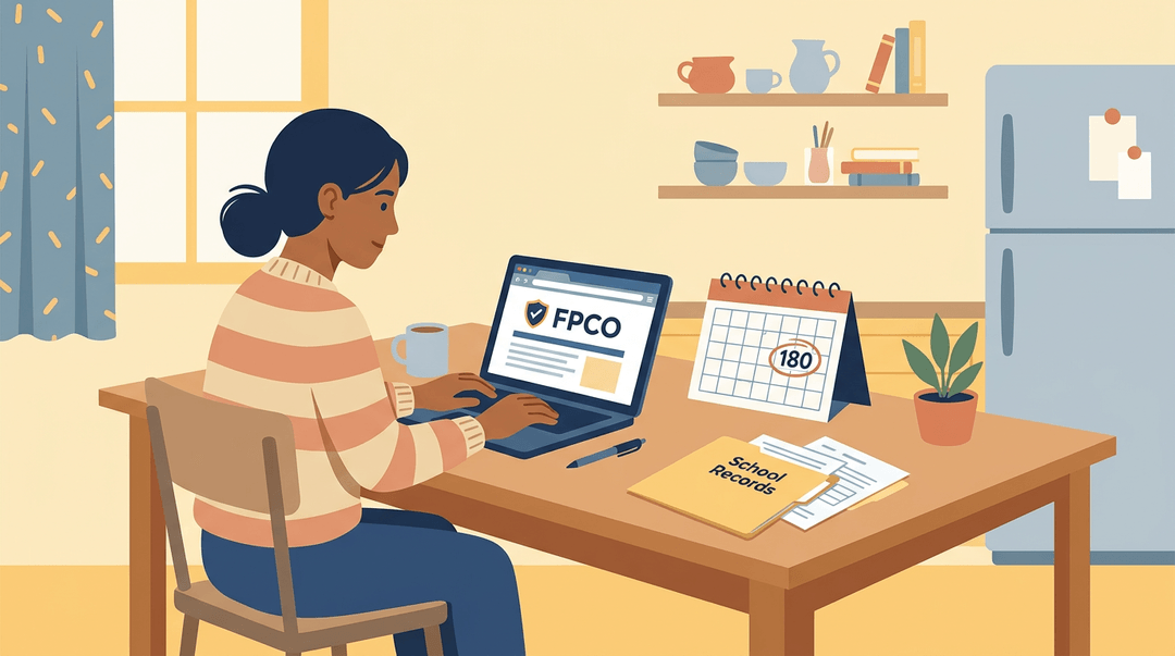 A parent at a sunlit kitchen table uses a laptop to fill out a form, surrounded by records and a calendar.
