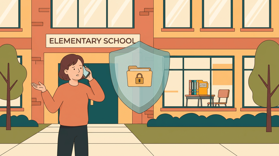 A parent uses a smartphone outside a school, a shield icon between them and student records visible inside.