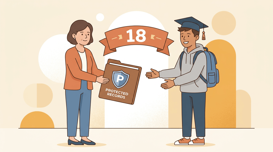 A parent hands a folder labeled with a shield icon to a young adult student as a banner with