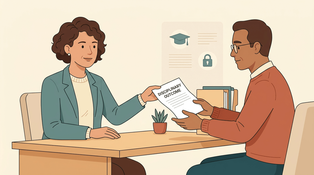 A university administrator hands a