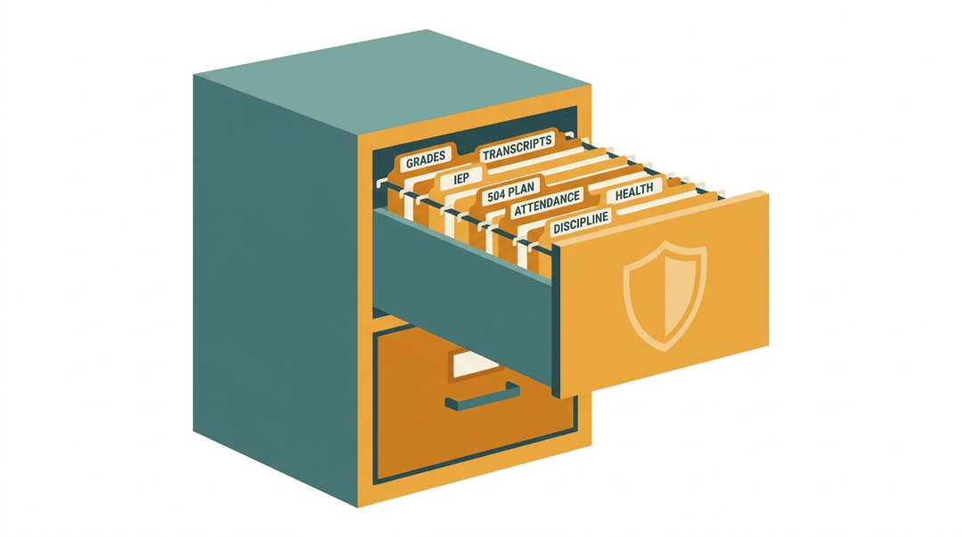 A school filing cabinet with open drawer revealing neatly labeled folders for grades, IEPs, and attendance, with a subtle shield icon.