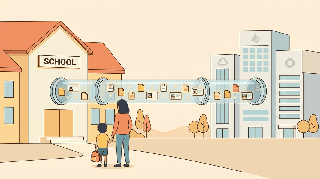 A transparent pipeline carries glowing student data files from a school to corporate offices, unnoticed by a parent and child.