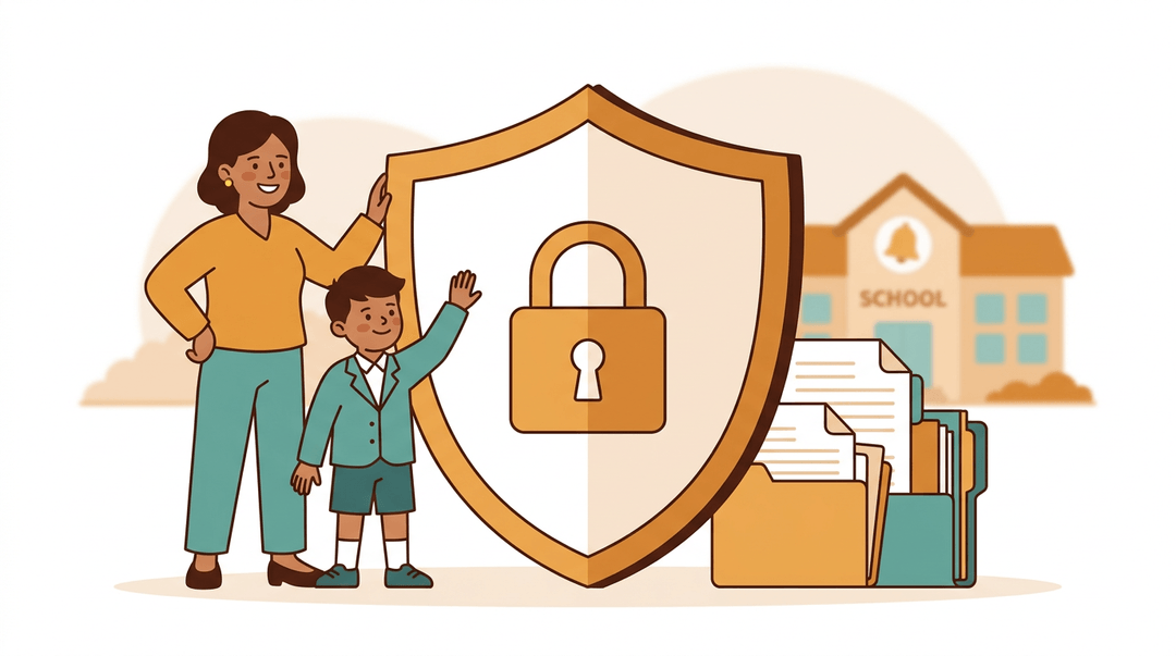 A large shield with a padlock protects a parent and student from school documents, symbolizing trust and rights.