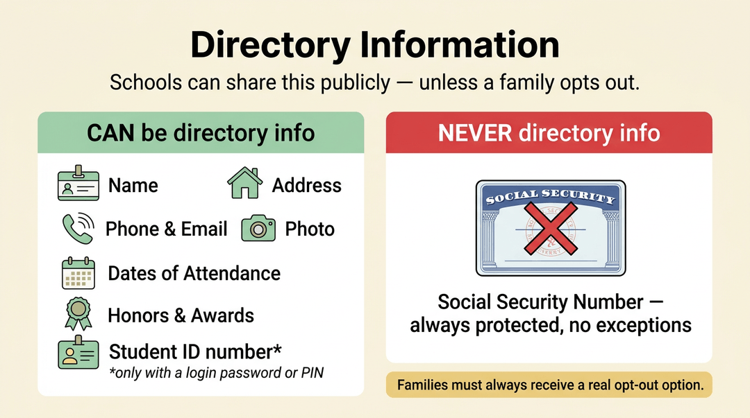 An infographic titled 'Directory Information' lists what schools can and cannot share, with categories like 'CAN be directory info' in green and 'NEVER directory info' in red.
