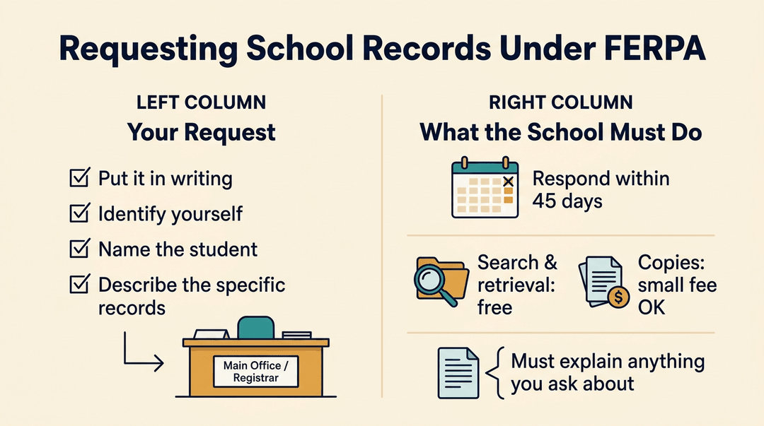 A two-column infographic explains how to request school records under FERPA, detailing parent actions and school responsibilities.