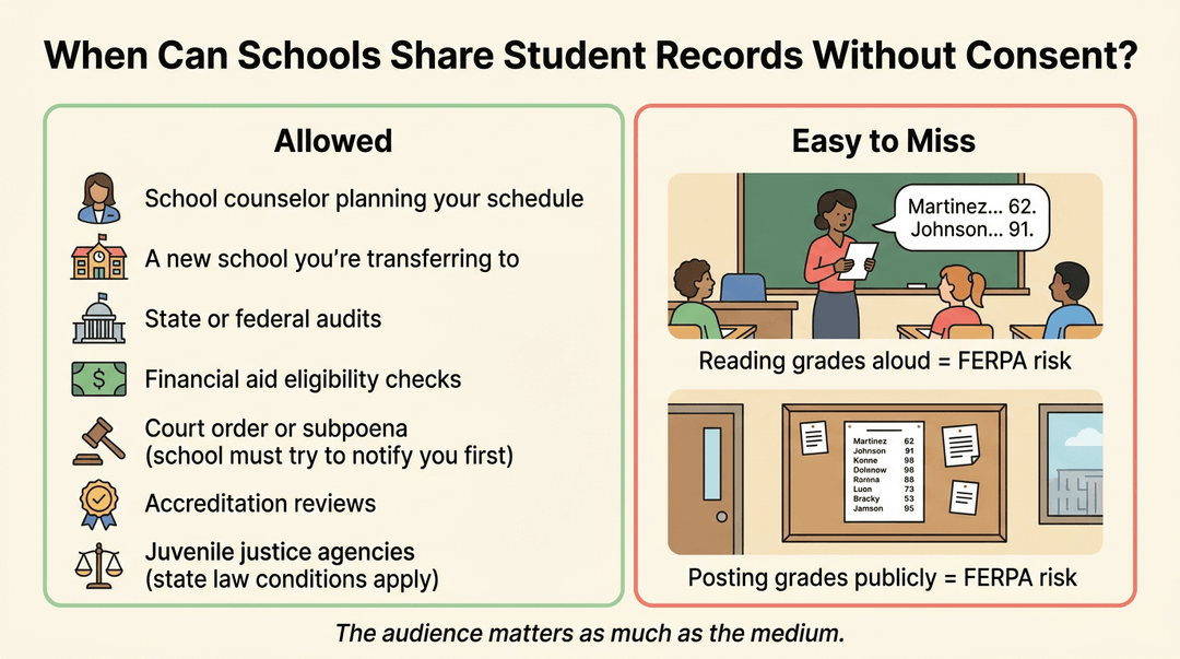 An infographic lists authorized disclosures of student records and common FERPA violations, using icons and clear labels.